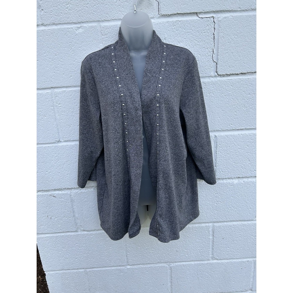 RAFAELLA Women's Size L Gray Silver Stud Detail Open Front Knit Top 3/4 Slv 44"